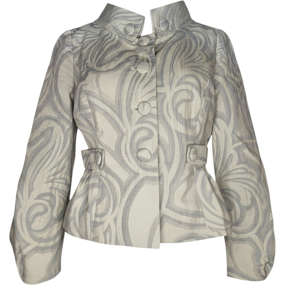Anthropologie Tabitha Jacquard Cropped Peblum Jacket - Ivory and Silver Size 4